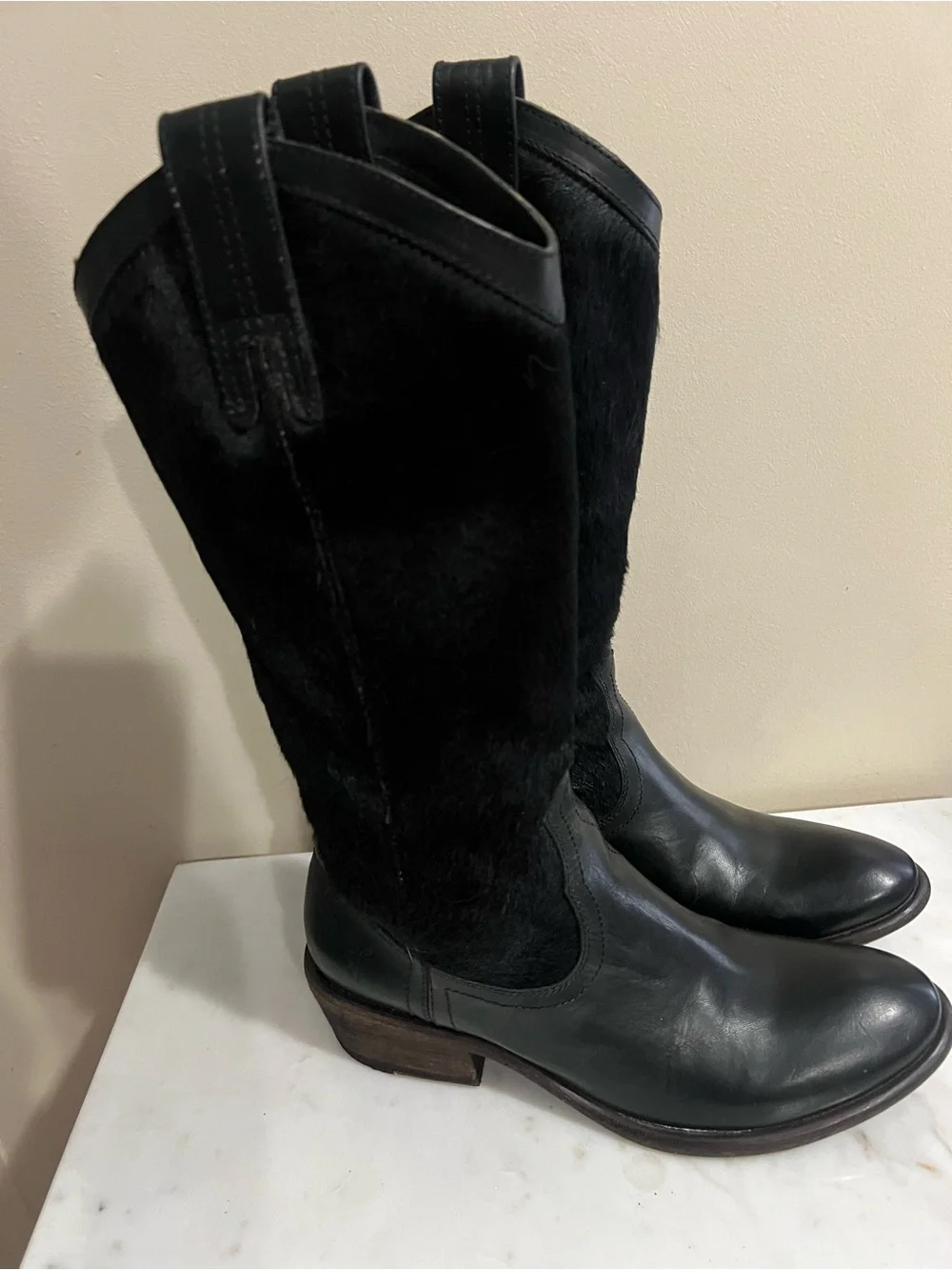 Frye Black Leather and Haircalf Over-the-Knee Boots